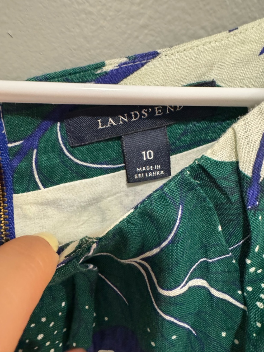 Lands' End Green and Navy Floral Belted Linen Cap-Sleeve Dress - Picture 2 of 8